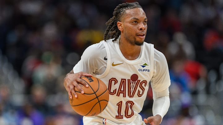 Oct 26, 2024; Washington, District of Columbia, USA; Cleveland Cavaliers guard Darius Garland (10) dribbles the ball up the court against the Washington Wizards during the third quarter at Capital One Arena. Mandatory Credit: Reggie Hildred-Imagn Images