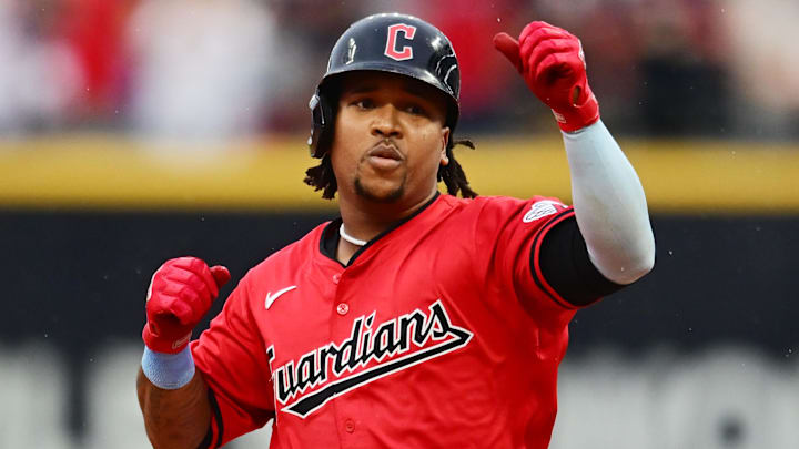 Sep 28, 2024; Cleveland, Ohio, USA; Cleveland Guardians third baseman Jose Ramirez (11) rounds the bases after hitting a home run during the first inning against the Houston Astros at Progressive Field.