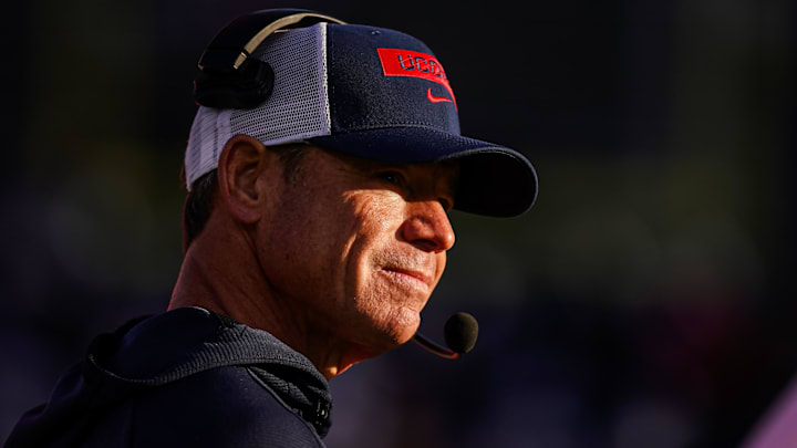 Nov 15, 2025; East Hartford, Connecticut, USA; UConn Huskies head coach Jim Mora watches from the sideline as they take on the Air Force Falcons at Pratt & Whitney Stadium at Rentschler Field. Mandatory Credit: David Butler II-Imagn Images