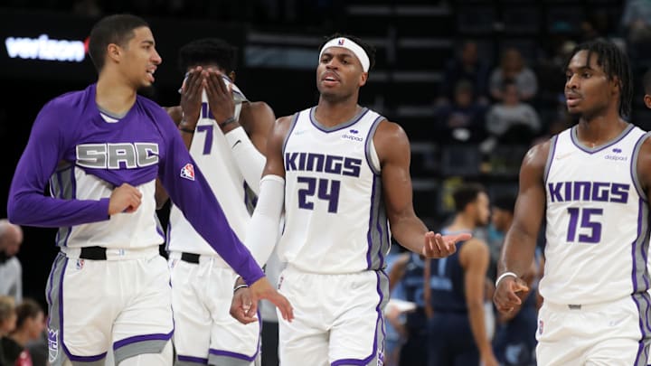 Nov 28, 2021; Memphis, Tennessee, USA; Sacramento Kings guard Buddy Hield (24), Sacramento Kings guard Tyrese Haliburton (0) and Sacramento Kings guard Davion Mitchell (15) during the first half against the Memphis Grizzles at FedExForum. Mandatory Credit: Petre Thomas-Imagn Images