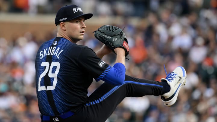 Jul 12, 2024; Detroit, Michigan, USA; Detroit Tigers starting pitcher Tarik Skubal (29) throws a pitch against the Los Angeles Dodgers designated hitter Shohei Ohtani (not pictured) in the fifth inning at Comerica Park. Mandatory Credit: Lon Horwedel-USA TODAY Sports
