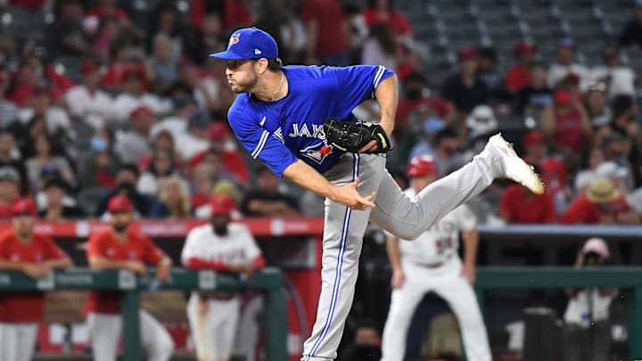 Anaheim, California, USA; Toronto Blue Jays relief pitcher Connor Overton (44) works the mound in the eighth inning against the Los Angeles Angels at Angel Stadium.