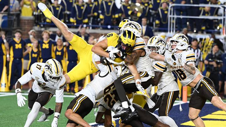 Sep 5, 2026; Ann Arbor, Michigan, USA; Michigan wide receiver JJ Buchanan (6) catches a Hail Mary pass for a touchdown with no time on the clock to beat Western Michigan at Michigan Stadium. Mandatory Credit: Lon Horwedel-Imagn Images Sep 5, 2026; Ann Arbor, Michigan, USA; Michigan wide receiver JJ Buchanan (6) catches a Hail Mary pass for a touchdown with no time on the clock to beat Western Michigan at Michigan Stadium. Mandatory Credit: Lon Horwedel-Imagn Images
