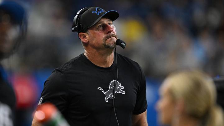 Aug 22, 2026; Detroit, Michigan, USA;  Detroit Lions head coach Dan Campbell on the sidelines in the second half of their game against the Washington Commanders at Ford Field.  Mandatory Credit: Lon Horwedel-Imagn Images