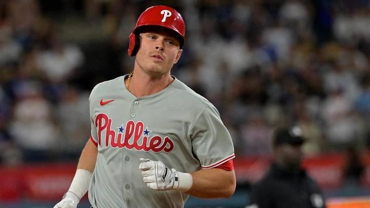 Sep 16, 2025; Los Angeles, California, USA;  Philadelphia Phillies left fielder Max Kepler (17) hits a solo home run during the seventh inning against the Los Angeles Dodgers at Dodger Stadium. Mandatory Credit: Jayne Kamin-Oncea-Imagn Images