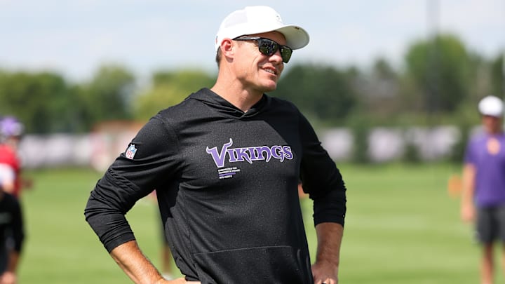 Jul 29, 2025; Eagan, MN, USA; Minnesota Vikings head coach Kevin O'Connell looks on during the teams training camp at the Minnesota Vikings Training Facility.