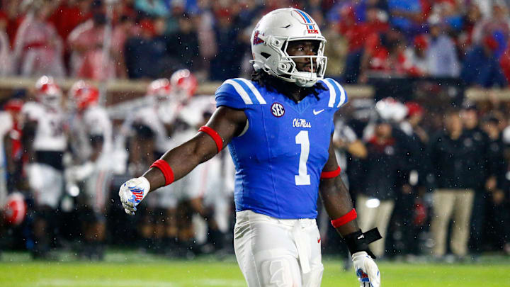 Nov 9, 2024; Oxford, Mississippi, USA; Mississippi Rebels defensive lineman Princely Umanmielen (1) reacts during the second half against the Georgia Bulldogs at Vaught-Hemingway Stadium. Mandatory Credit: Petre Thomas-Imagn Images