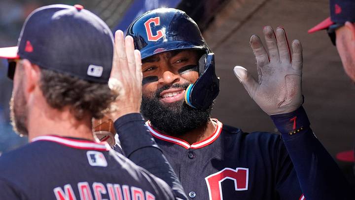 Sep 13, 2026; Minneapolis, Minnesota, USA;  Cleveland Guardians designated hitter Jo Adell (7) celebrates his run against the Minnesota Twins on a double by left fielder Angel Martinez (not pictured) in the ninth inning at Target Field.  Mandatory Credit: Bruce Kluckhohn-Imagn Images