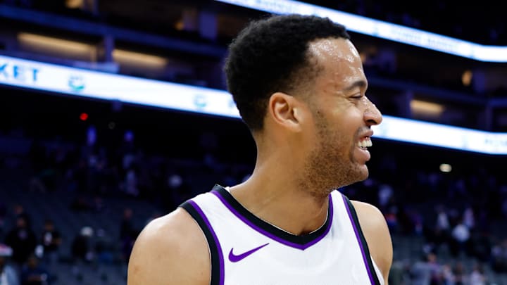 Mar 10, 2025; Sacramento, California, USA; New York Knicks center Karl-Anthony Towns (32) talks with Sacramento Kings center Skal Labissiere (25) after the game at Golden 1 Center. Mandatory Credit: Sergio Estrada-Imagn Images