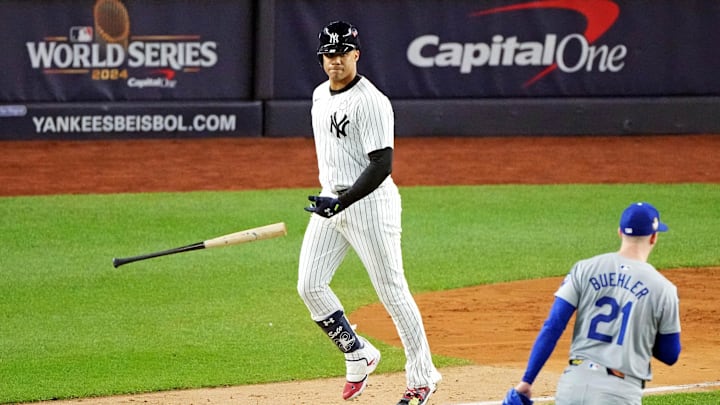 Oct 28, 2024; New York, New York, USA; New York Yankees outfielder Juan Soto (22) reacts after grounding out during the third inning against the Los Angeles Dodgers in game three of the 2024 MLB World Series at Yankee Stadium. 