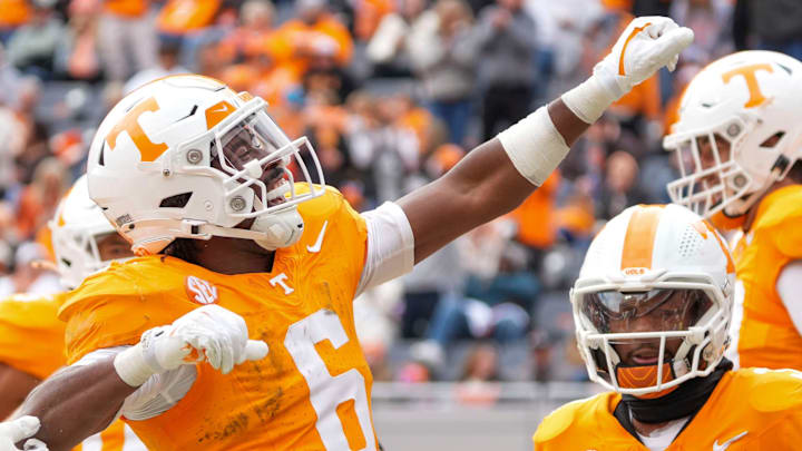 Tennessee running back Dylan Sampson (6) celebrates after scoring a touchdown during a NCAA football game between Tennessee and UTEP in Neyland Stadium on Saturday, November 23, 2024.