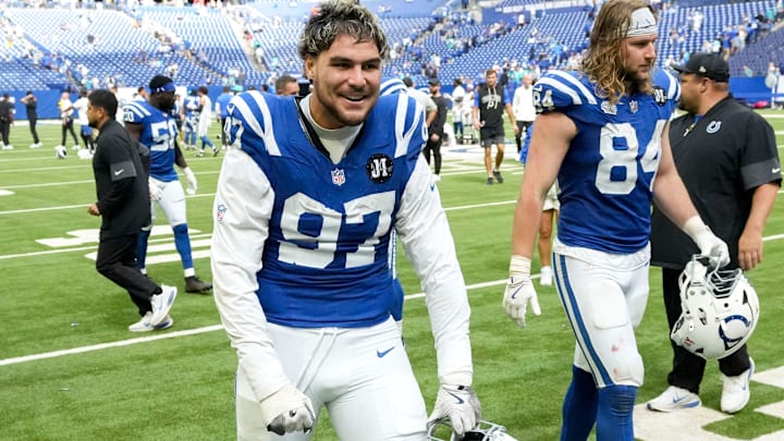 Indianapolis Colts defensive end Laiatu Latu (97) celebrates a win following a game against the Miami Dolphins on Sunday, Sept. 7, 2025, at Lucas Oil Stadium in Indianapolis. The Colts defeated the Dolphins 33-8. Indianapolis Colts defensive end Laiatu Latu (97) celebrates a win following a game against the Miami Dolphins on Sunday, Sept. 7, 2025, at Lucas Oil Stadium in Indianapolis. The Colts defeated the Dolphins 33-8.