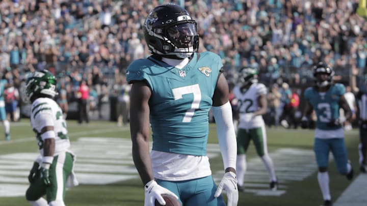 Dec 14, 2025; Jacksonville, Florida, USA; Jacksonville Jaguars wide receiver Brian Thomas Jr. (7) reacts after scoring a touchdown in the first quarter against the New York Jets at EverBank Stadium. Mandatory Credit: Travis Register-Imagn Images