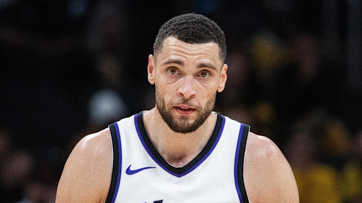 Mar 31, 2025; Indianapolis, Indiana, USA; Sacramento Kings guard Zach Lavine (8) in the first half against the Indiana Pacers at Gainbridge Fieldhouse. Mandatory Credit: Trevor Ruszkowski-Imagn Images