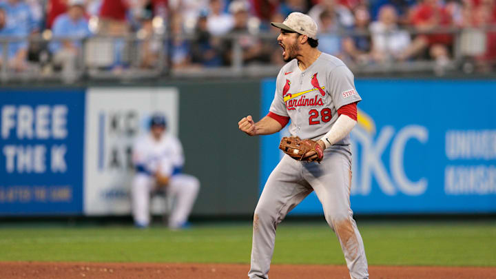 May 17, 2025; Kansas City, Missouri, USA; St. Louis Cardinals third base Nolan Arenado (28) reacts after a play during the eighth inning against the Kansas City Royals at Kauffman Stadium. Mandatory Credit: William Purnell-Imagn Images