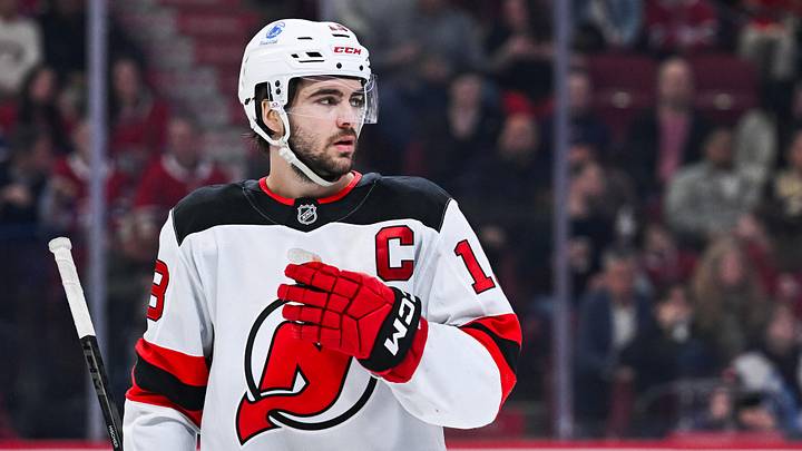 Apr 5, 2026; Montreal, Quebec, CAN; New Jersey Devils center Nico Hischier (13) looks on against the Montreal Canadiens during the third period at Bell Centre. Mandatory Credit: David Kirouac-Imagn Images