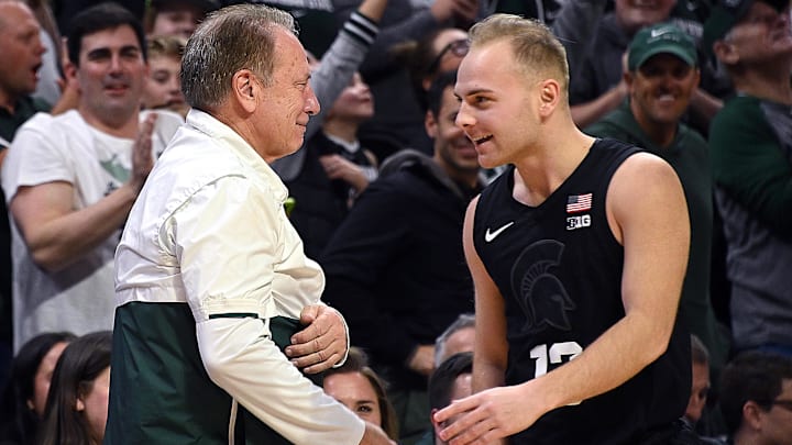 Dec 21, 2023; East Lansing, Michigan, USA; Michigan State Spartans guard Steven Izzo (13) meets a