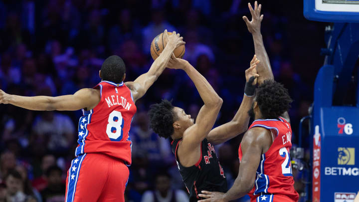 Mar 31, 2023; Philadelphia, Pennsylvania, USA; Philadelphia 76ers guard De'Anthony Melton (8) blocks Mar 31, 2023; Philadelphia, Pennsylvania, USA; Philadelphia 76ers guard De'Anthony Melton (8) blocks