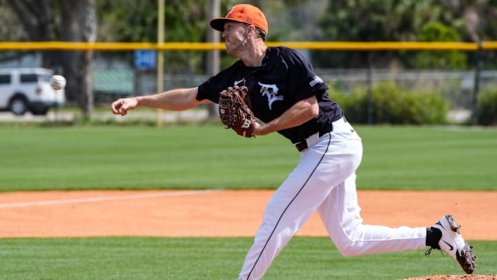 Detroit Tigers pitcher Chase Lee throws during live batting practice at spring training at TigerTown in Lakeland, Fla. on Tuesday, Feb. 18, 2025.