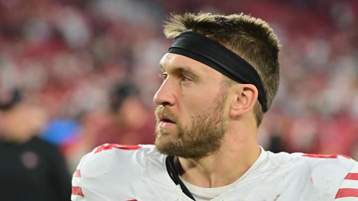Jan 5, 2025; Glendale, Arizona, USA;  San Francisco 49ers fullback Kyle Juszczyk (44) looks on after losing to the Arizona Cardinals at State Farm Stadium. Mandatory Credit: Matt Kartozian-Imagn Images