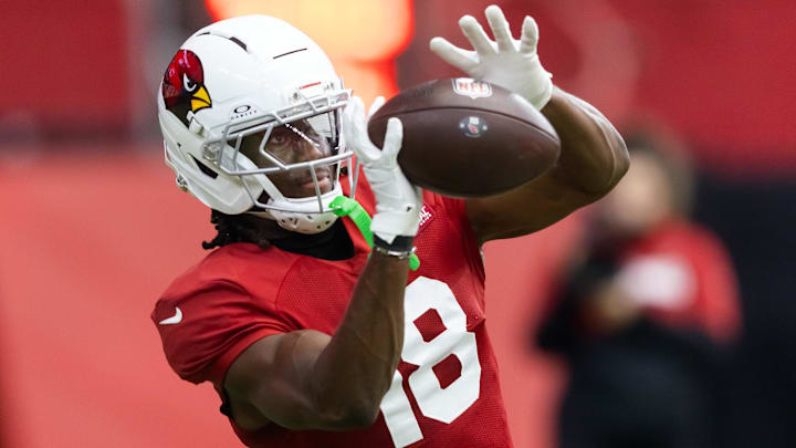 Jul 29, 2025; Glendale, AZ, USA; Arizona Cardinals wide receiver Marvin Harrison Jr. (18) during training camp at State Farm Stadium. Mandatory Credit: Mark J. Rebilas-Imagn Images