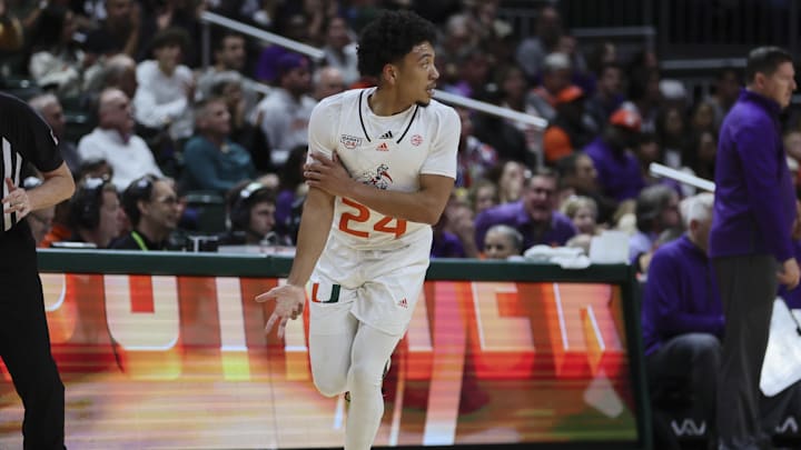Jan 3, 2024; Coral Gables, Florida, USA; Miami Hurricanes guard Nijel Pack (24) reacts after scoring