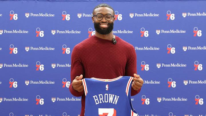 Aug 6, 2026; Camden, NJ, USA; Philadelphia 76ers guard Jaylen Brown poses for a photo during his introductory press conference at the Francis J. Myers Recreation Center. Mandatory Credit: Bill Streicher-Imagn Images Aug 6, 2026; Camden, NJ, USA; Philadelphia 76ers guard Jaylen Brown poses for a photo during his introductory press conference at the Francis J. Myers Recreation Center. Mandatory Credit: Bill Streicher-Imagn Images