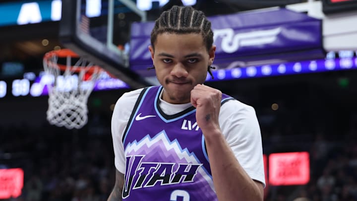 Jan 30, 2026; Salt Lake City, Utah, USA; Utah Jazz guard Keyonte George (3) reacts after a play against the Brooklyn Nets during the second half at Delta Center. Mandatory Credit: Rob Gray-Imagn Images