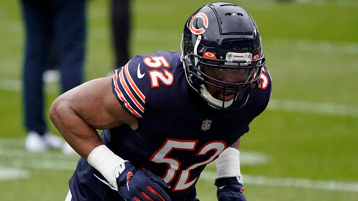 Dec 6, 2020; Chicago, Illinois, USA; Chicago Bears outside linebacker Khalil Mack (52) practices before the game against the Detroit Lions at Soldier Field. Mandatory Credit: Mike Dinovo-USA TODAY Sports Dec 6, 2020; Chicago, Illinois, USA; Chicago Bears outside linebacker Khalil Mack (52) practices before the game against the Detroit Lions at Soldier Field. Mandatory Credit: Mike Dinovo-USA TODAY Sports