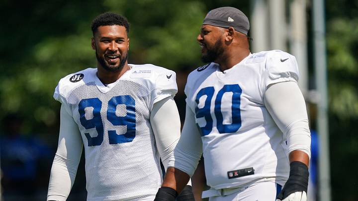 Indianapolis Colts defensive tackle Grover Stewart (90) and Indianapolis Colts defensive tackle DeForest Buckner (99) walk onto the field Sunday, Aug. 10, 2025, during Indianapolis Colts Training Camp at Grand Park in Westfield. Indianapolis Colts defensive tackle Grover Stewart (90) and Indianapolis Colts defensive tackle DeForest Buckner (99) walk onto the field Sunday, Aug. 10, 2025, during Indianapolis Colts Training Camp at Grand Park in Westfield.