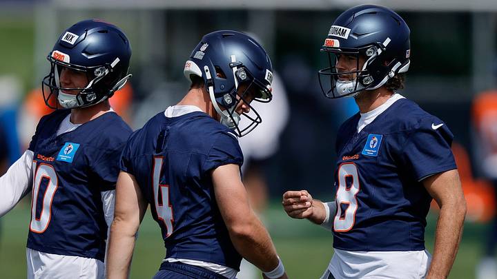 Jul 24, 2025; Englewood, CO, USA; Denver Broncos quarterback Sam Ehlinger (4) and quarterback Bo Nix (10) and quarterback Jarrett Stidham (8) during Denver Broncos Training Camp. Jul 24, 2025; Englewood, CO, USA; Denver Broncos quarterback Sam Ehlinger (4) and quarterback Bo Nix (10) and quarterback Jarrett Stidham (8) during Denver Broncos Training Camp.