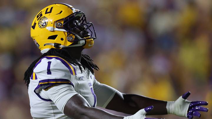 LSU Tigers defensive end Princewill Umanmielen (1) reacts during the third quarter against the Texas A&M Aggies at Tiger Stadium. LSU Tigers defensive end Princewill Umanmielen (1) reacts during the third quarter against the Texas A&M Aggies at Tiger Stadium.