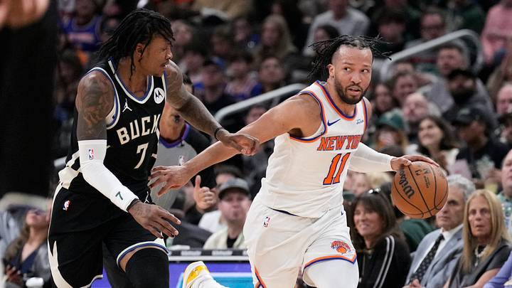 Feb 27, 2026; Milwaukee, Wisconsin, USA; New York Knicks guard Jalen Brunson (11) pushes the ball up the court against Milwaukee Bucks guard/forward Kevin Porter Jr. (7) in the second half at Fiserv Forum. Mandatory Credit: Michael McLoone-Imagn Images Feb 27, 2026; Milwaukee, Wisconsin, USA; New York Knicks guard Jalen Brunson (11) pushes the ball up the court against Milwaukee Bucks guard/forward Kevin Porter Jr. (7) in the second half at Fiserv Forum. Mandatory Credit: Michael McLoone-Imagn Images