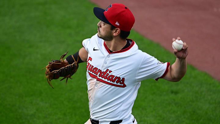 Apr 21, 2025: Cleveland Guardians left fielder Steven Kwan (38) throws the ball during the fifth inning against the New York Yankees at Progressive Field. Apr 21, 2025: Cleveland Guardians left fielder Steven Kwan (38) throws the ball during the fifth inning against the New York Yankees at Progressive Field.