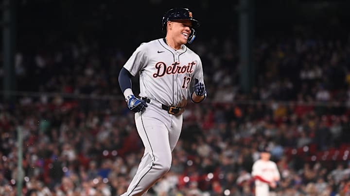 May 30, 2024; Boston, Massachusetts, USA; Detroit Tigers third baseman Gio Urshela (13) reacts after hitting a home run against the Boston Red Sox during the eighth inning at Fenway Park. Mandatory Credit: Eric Canha-USA TODAY Sports May 30, 2024; Boston, Massachusetts, USA; Detroit Tigers third baseman Gio Urshela (13) reacts after hitting a home run against the Boston Red Sox during the eighth inning at Fenway Park. Mandatory Credit: Eric Canha-USA TODAY Sports