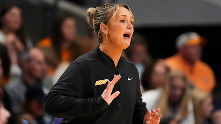 Tennessee head coach Kim Caldwell calls out to her players during a NCAA Tournament Sweet 16 game between the Lady Vols and Texas at Legacy Arena in Birmingham, Ala., on Saturday, March 29, 2025.