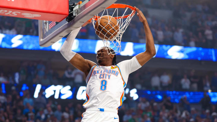 May 18, 2024; Dallas, Texas, USA; Oklahoma City Thunder forward Jalen Williams (8) dunks during the first quarter against the Dallas Mavericks in game six of the second round of the 2024 NBA playoffs at American Airlines Center. Mandatory Credit: Kevin Jairaj-USA TODAY Sports