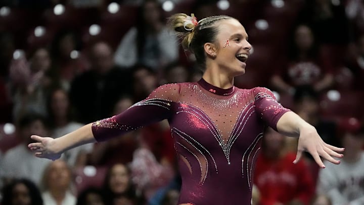 Feb 7, 2025; Tuscaloosa, AL, USA; Alabama's Lilly Hudson competes on the floor at Coleman Coliseum. Mandatory Credit: Gary Cosby Jr.-Tuscaloosa News