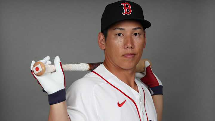 Feb 17, 2026; Lee County, FL, USA;  Boston Red Sox left fielder Masataka Yoshida (7) poses for a photo during media day at JetBlue Park.
