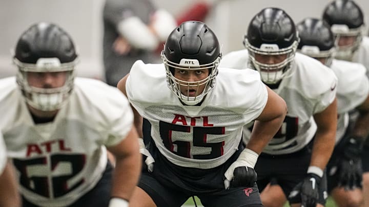 May 12, 2023; Flowerty Branch, GA, USA; Atlanta Falcons guard Matthew Bergeron (65)  shown on the