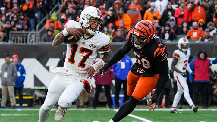 Bengals Joseph Ossai (58) chases down Browns Dorian Thompson-Robinson (17) during their game against the Browns at Paycor Stadium on Sunday December 22, 2024. The Bengals won the game with a final score of 24-6.
