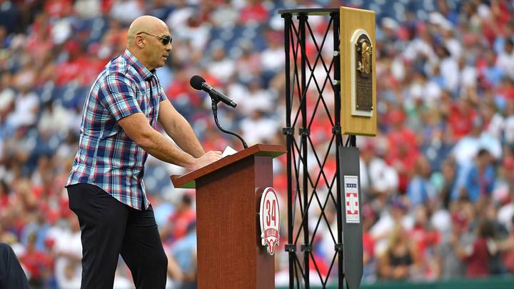 Aug 8, 2021; Philadelphia, Pennsylvania, USA;  Former Philadelphia Phillies outfielder Raul Ibanez gives a speech during ceremony to retire the uniform number of former Phillies pitcher Roy Halladay before game against the New York Mets for at Citizens Bank Park. Mandatory Credit: Eric Hartline-USA TODAY Sports