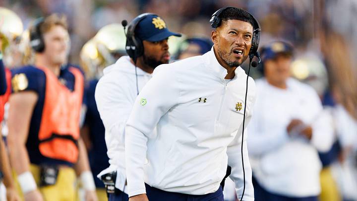 Notre Dame head coach Marcus Freeman looks on in the second half of a NCAA football game against NC State at Notre Dame Stadium on Saturday, Oct. 11, 2025, in South Bend. Notre Dame head coach Marcus Freeman looks on in the second half of a NCAA football game against NC State at Notre Dame Stadium on Saturday, Oct. 11, 2025, in South Bend.