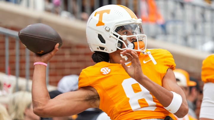 Tennessee quarterback Nico Iamaleava (8) throws a ball during warm-ups before a NCAA football game between Tennessee and UTEP in Neyland Stadium on Saturday, November 23, 2024.