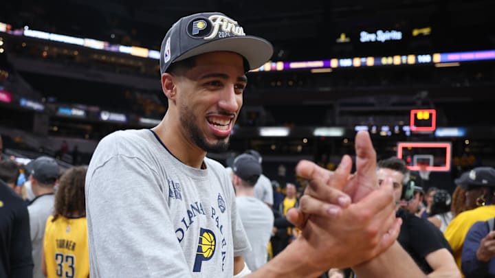 May 31, 2025; Indianapolis, Indiana, USA; Indiana Pacers guard Tyrese Haliburton (0) reacts after game six of the eastern conference finals against the New York Knicks for the 2025 NBA Playoffs at Gainbridge Fieldhouse. Mandatory Credit: Trevor Ruszkowski-Imagn Images May 31, 2025; Indianapolis, Indiana, USA; Indiana Pacers guard Tyrese Haliburton (0) reacts after game six of the eastern conference finals against the New York Knicks for the 2025 NBA Playoffs at Gainbridge Fieldhouse. Mandatory Credit: Trevor Ruszkowski-Imagn Images