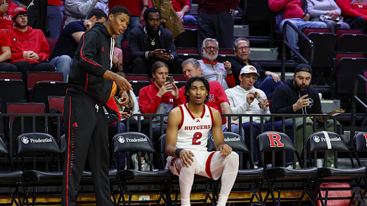 Nov 11, 2024; Piscataway, New Jersey, USA; Rutgers Scarlet Knights guard Dylan Harper (2) and guard Ace Bailey (4) looks on during halftime against the St. Peter's Peacocks at Jersey Mike's Arena. Mandatory Credit: Vincent Carchietta-Imagn Images Nov 11, 2024; Piscataway, New Jersey, USA; Rutgers Scarlet Knights guard Dylan Harper (2) and guard Ace Bailey (4) looks on during halftime against the St. Peter's Peacocks at Jersey Mike's Arena. Mandatory Credit: Vincent Carchietta-Imagn Images