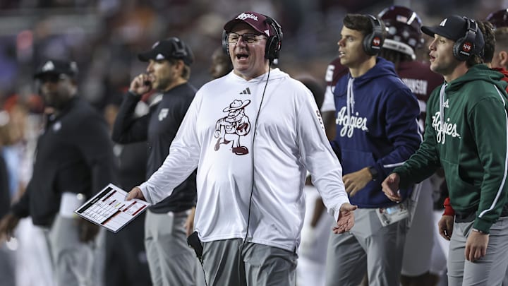 Nov 30, 2024; College Station, Texas, USA; Texas A&M Aggies head coach Mike Elko reacts during the third quarter against the Texas Longhorns at Kyle Field. Mandatory Credit: Troy Taormina-Imagn Images
