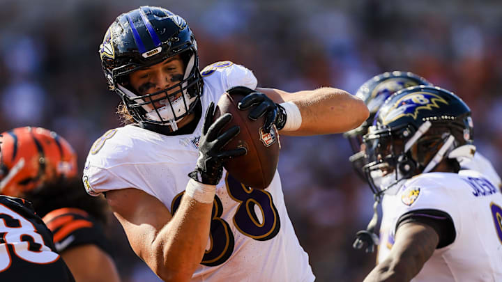 Oct 6, 2024; Cincinnati, Ohio, USA; Baltimore Ravens tight end Charlie Kolar (88) runs with the ball against the Cincinnati Bengals in the second half at Paycor Stadium. Mandatory Credit: Katie Stratman-Imagn Images