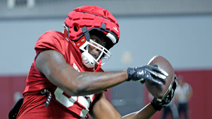 Oklahoma's Davon Mitchell makes a catch during the University of Oklahoma (OU) spring football practice at the Everest Training Center in Norman, Okla., Wednesday, March 27, 2024.