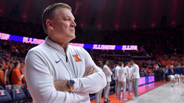 Jan 23, 2025; Champaign, Illinois, USA;  Illinois Fighting Illini head coach Brad Underwood before the tipoff of a game with the Maryland Terrapins at State Farm Center. Mandatory Credit: Ron Johnson-Imagn Images
